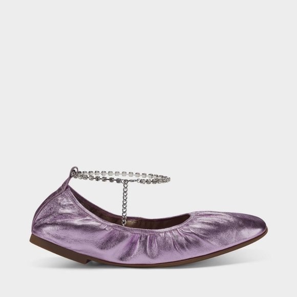 AEROSOLES RACHIE LILAC METALLIC LEATHER BALLET FLATS W/REMOVABLE ANKLE STRAP 9 - Picture 2 of 10